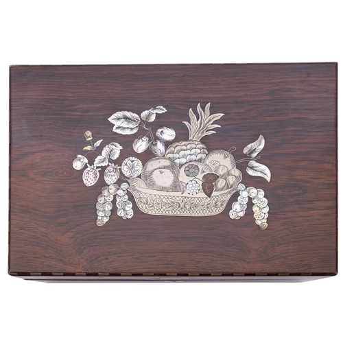 291 - A Victorian mother of pearl and rosewood sewing box the lid inlaid and engraved with a basket of fru... 