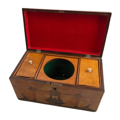 311 - A George III Japanned and pen worked tea caddy, circa 1800; the hinged cover, front, back and sides ... 