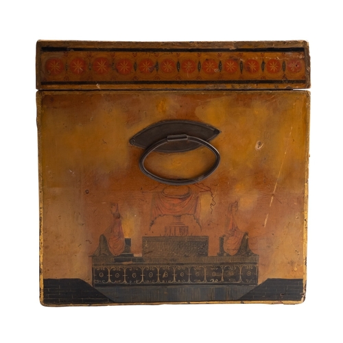 311 - A George III Japanned and pen worked tea caddy, circa 1800; the hinged cover, front, back and sides ... 