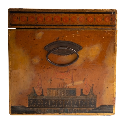 311 - A George III Japanned and pen worked tea caddy, circa 1800; the hinged cover, front, back and sides ... 