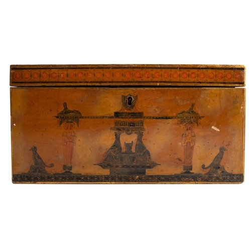 311 - A George III Japanned and pen worked tea caddy, circa 1800; the hinged cover, front, back and sides ... 