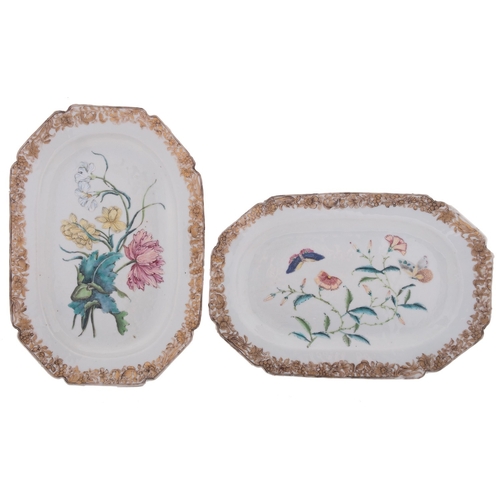 32 - A pair of Chinese famille rose botanical octagonal dishes the designs possibly after Maria Sibylla M... 