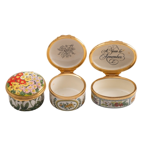 333 - A group of three Halcyon Days enamel boxes including 'Happy Birthday' and '1983', the latter 5cm wid... 