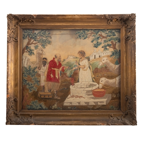 341 - A George III silkwork picture of Rebecca at the Well, last quarter 18th century; with Rebecca, Abrah... 