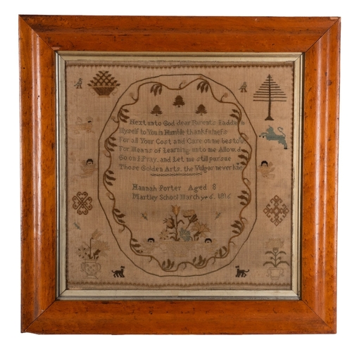 343 - A George III needlework sampler by 'Hannah Porter aged 8 Martley School yr 6 1816', embroidered with... 