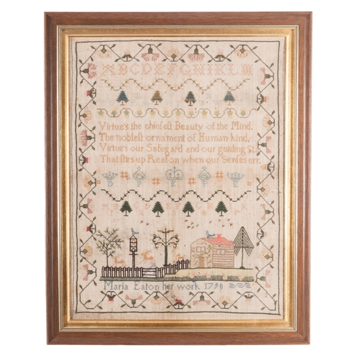 345 - A George III needlework sampler by Maria Eaton 1790, embroidered with a cottage and fenced garden wi... 