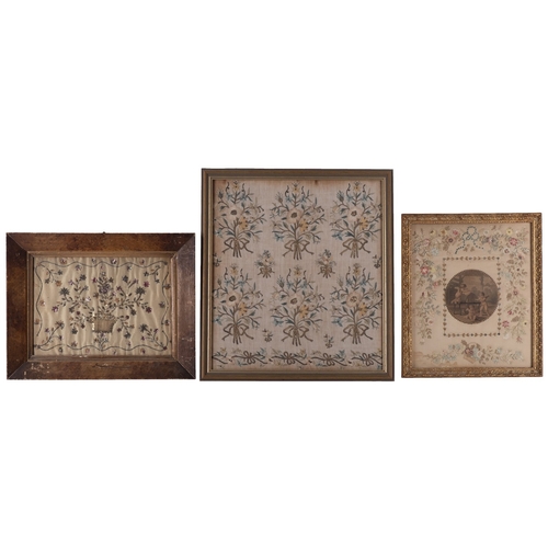 347 - A group of three silk embroidered flower pictures, early 19th century and later variously worked wit... 