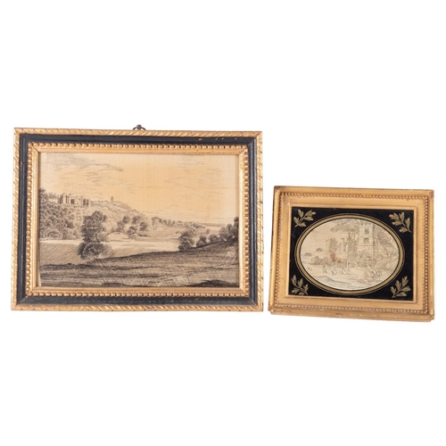 348 - Two 19th century black thread embroidered pictures the first depicting a large crenellated country h... 