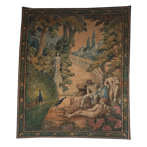 349 - Two painted fabric wall hangings in the manner of Verdure tapestries, circa 1930; one depicting nude... 