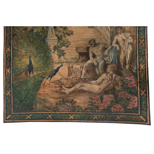 349 - Two painted fabric wall hangings in the manner of Verdure tapestries, circa 1930; one depicting nude... 