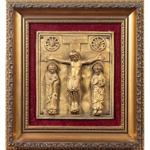 355 - A gilt bronze Missal cover in French Mediaeval style; with the Crucifiction portrayed in high relief... 