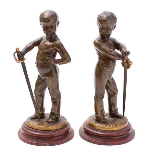 366 - After Louis Kley, (French 1833-1911), a pair of bronze models of boy fencers, late 19th century; por... 