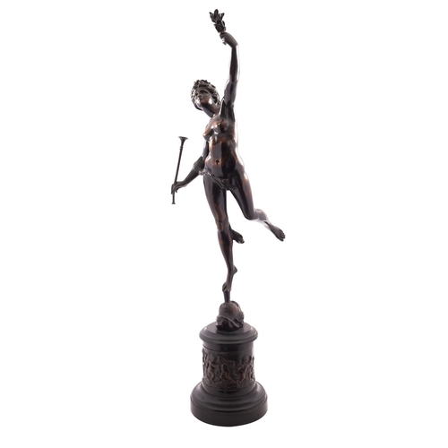 368 - A Continental patinated bronze model of the goddess Fame, late 19th century, portrayed nude and supp... 