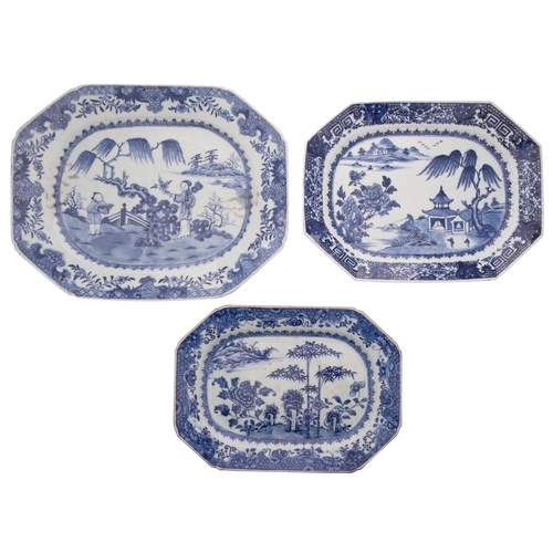 37 - A group of three Chinese blue and white octagonal dishes two painted with lake landscapes, one with ... 