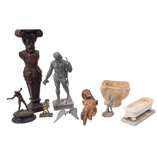 372 - A small collection of sculpture, 19th and early 20th century; comprising a lead model of Father Time... 