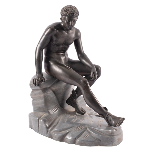 379 - A Continental patinated bronze and 'dove grey' marble mounted model of Mercury Resting, after the An... 