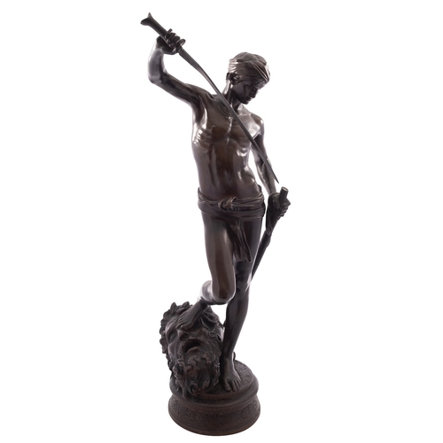 381 - After Jean-Antonin Mercie, (French 1845-1916), a patinated bronze model of David with the head of Go... 