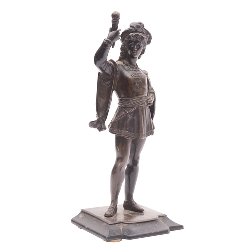 385 - A Continental bronze model of a youth in Renaissance attire, late 19th century; portrayed standing a... 