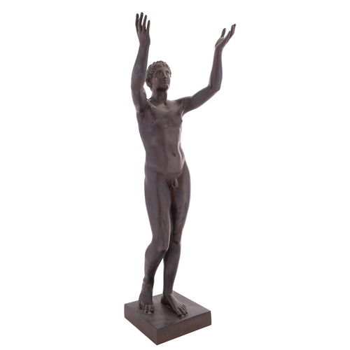 387 - A French patinated bronze model of a young man in prayer, cast after the Antique, late 19th century;... 