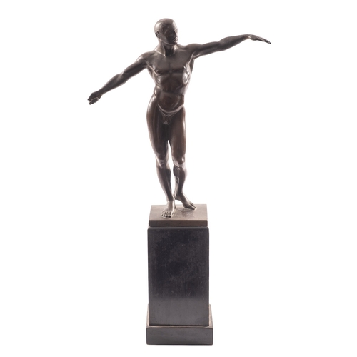 396 - A patinated bronze model of a male nude, early 20th century; portrayed standing with arms outstretch... 