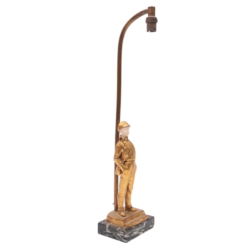 399 - After Dominique Alonzo (fl. circa 1910-1930), a gilt bronze and ivory mounted figural table lamp, ea... 