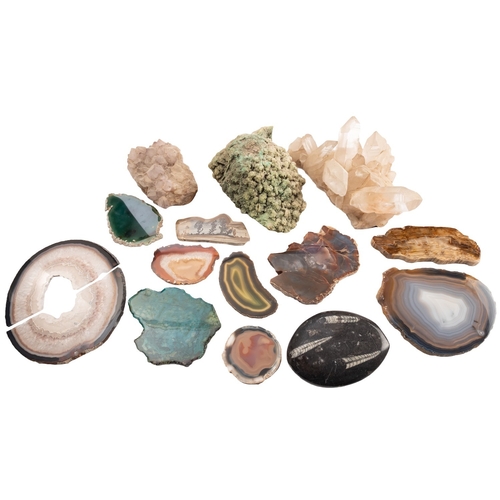 409 - A collection of mineral and fossil specimens; including rock crystal, 27cm wide; quartz, gastropods ... 