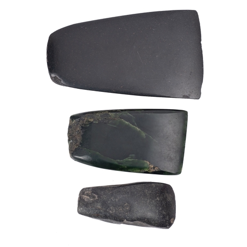 410 - Three polished stone axe heads, possibly Neolithic, the largest 13cm high, 7.5cm wide