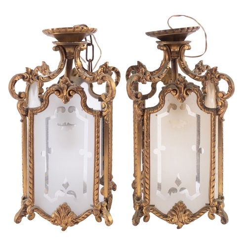 461 - A pair of gilt metal and glazed ceiling lanterns in 18th century taste, early 20th century; of squar... 