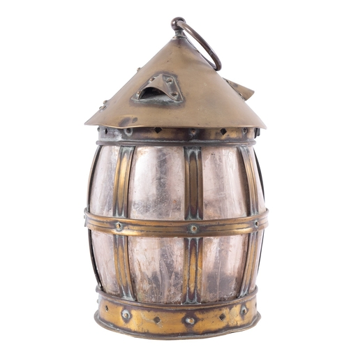 465 - A brass and mica hanging lantern, in Arts & Crafts taste, early 20th century; of bombe cylindrical f... 