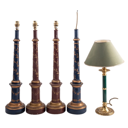 468 - Two pairs of painted and parcel gilt columnar table lamps, modern; one pair brick red, the other blu... 