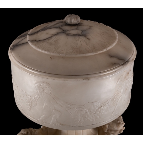 469 - An imposing Italian sculpted alabaster table or pier lamp, circa 1900; with domed cover to a cylindr... 