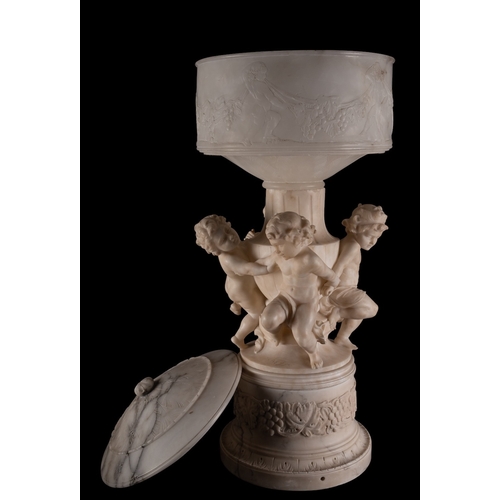 469 - An imposing Italian sculpted alabaster table or pier lamp, circa 1900; with domed cover to a cylindr... 