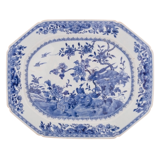 48 - A Chinese blue and white octagonal dish painted with pheasants, rockwork and flowering trees in a fe... 