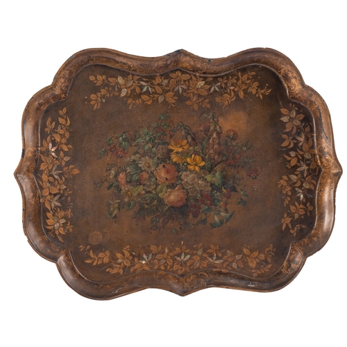 482 - A Victorian painted, lacquered and mother-of-pearl inset papier-mâché tray, third quarter 19th centu... 