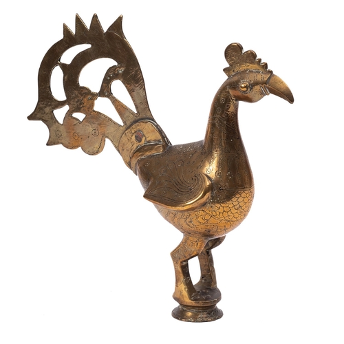 483 - A Persian brass staff head in the form of a cockerel, with incised decoration, 25cm high, together w... 