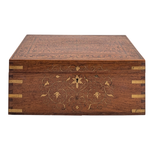 488 - An Anglo-Indian hardwood and brass inlaid workbox, circa 1900; the hinged cover with MRS A JOYNES in... 