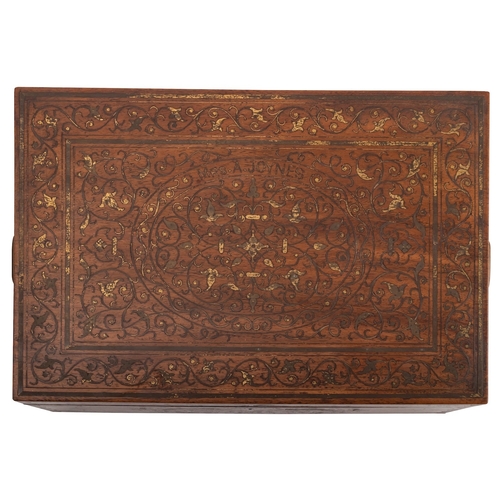 488 - An Anglo-Indian hardwood and brass inlaid workbox, circa 1900; the hinged cover with MRS A JOYNES in... 