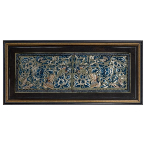 490 - A Chinese framed silkwork panel, depicting butterflies and peony on a green ground, 23 x 28cm.