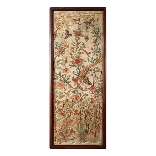 505 - A set of three Chinese silk panels, Qing Dynasty embroidered overall with butterflies and birds in f... 