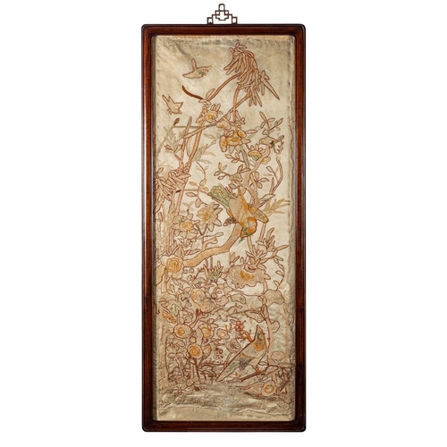 505 - A set of three Chinese silk panels, Qing Dynasty embroidered overall with butterflies and birds in f... 