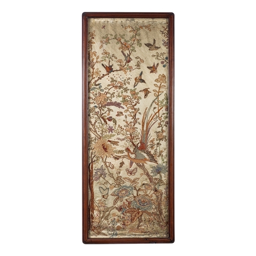 505 - A set of three Chinese silk panels, Qing Dynasty embroidered overall with butterflies and birds in f... 