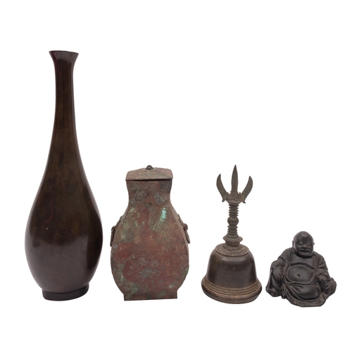 507 - A group of Chinese and Japanese bronzes including a figure of Budai, 7cm high; a Tibetan hand bell, ... 