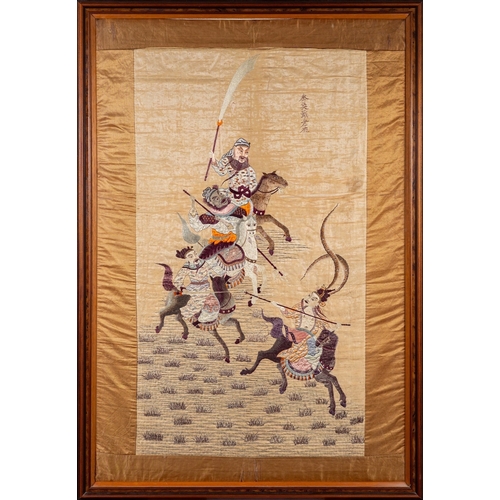 510 - A Chinese silk work panel, woven with a martial scene of three warriors on horseback pursuing anothe... 