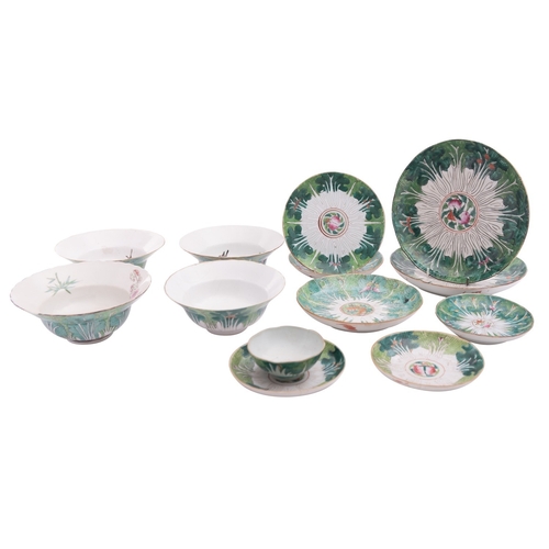 52 - A mixed group of Chinese porcelain, comprising eight dishes and five bowls each decorated with leafy... 