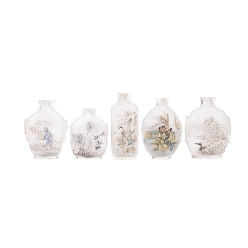 524 - Five Chinese interior painted glass snuff bottles, tallest 8cm high, [damages].