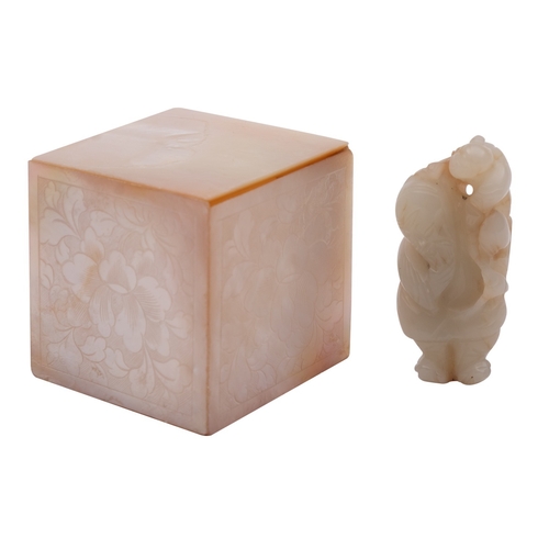 526 - A Chinese jade carving of a man and child, a Cantonese mother of pearl cricket box and cover and a J... 