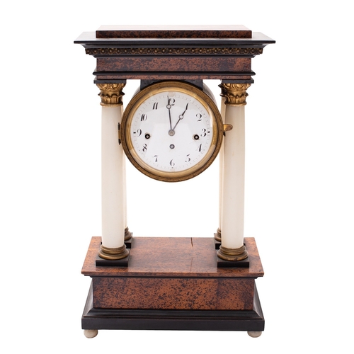 564 - An Austrian alabaster and simulated portico mantel clock, the three-train movement quarter-striking ... 