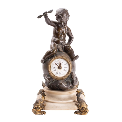 567 - An alabaster and bronze mantel clock having an eight-day duration movement, the round dial with alar... 