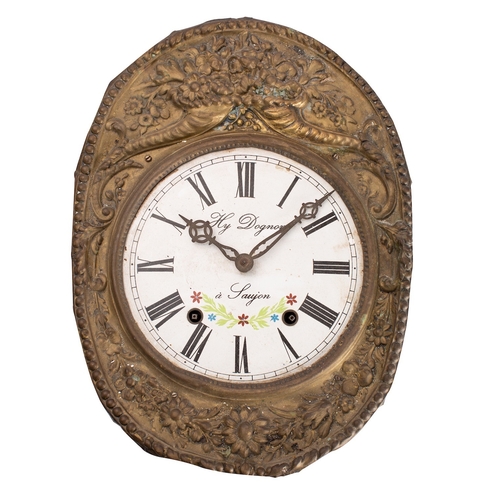 592 - Dognon, Saujon, a French brass repoussé wall clock, the eight-day duration movement striking on a be... 