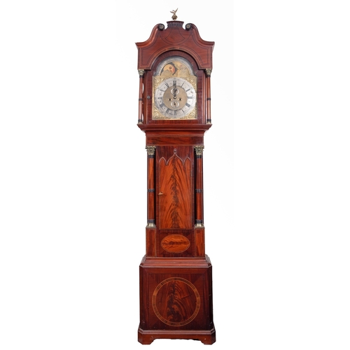 604 - A mahogany moonphase longcase clock the eight-day duration movement striking the hours on a bell wit... 